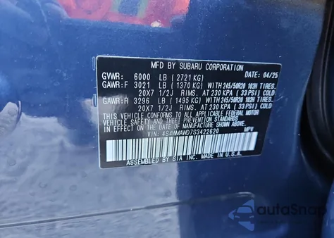 2025 Subaru Ascent Onyx Touring from USA, damaged, VIN 4S4WMAWD7S3422620